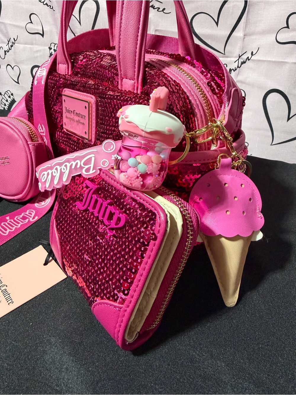 Juicy Couture Hot Pink Sequin Bag & Wallet Set with Ice Cream Charms